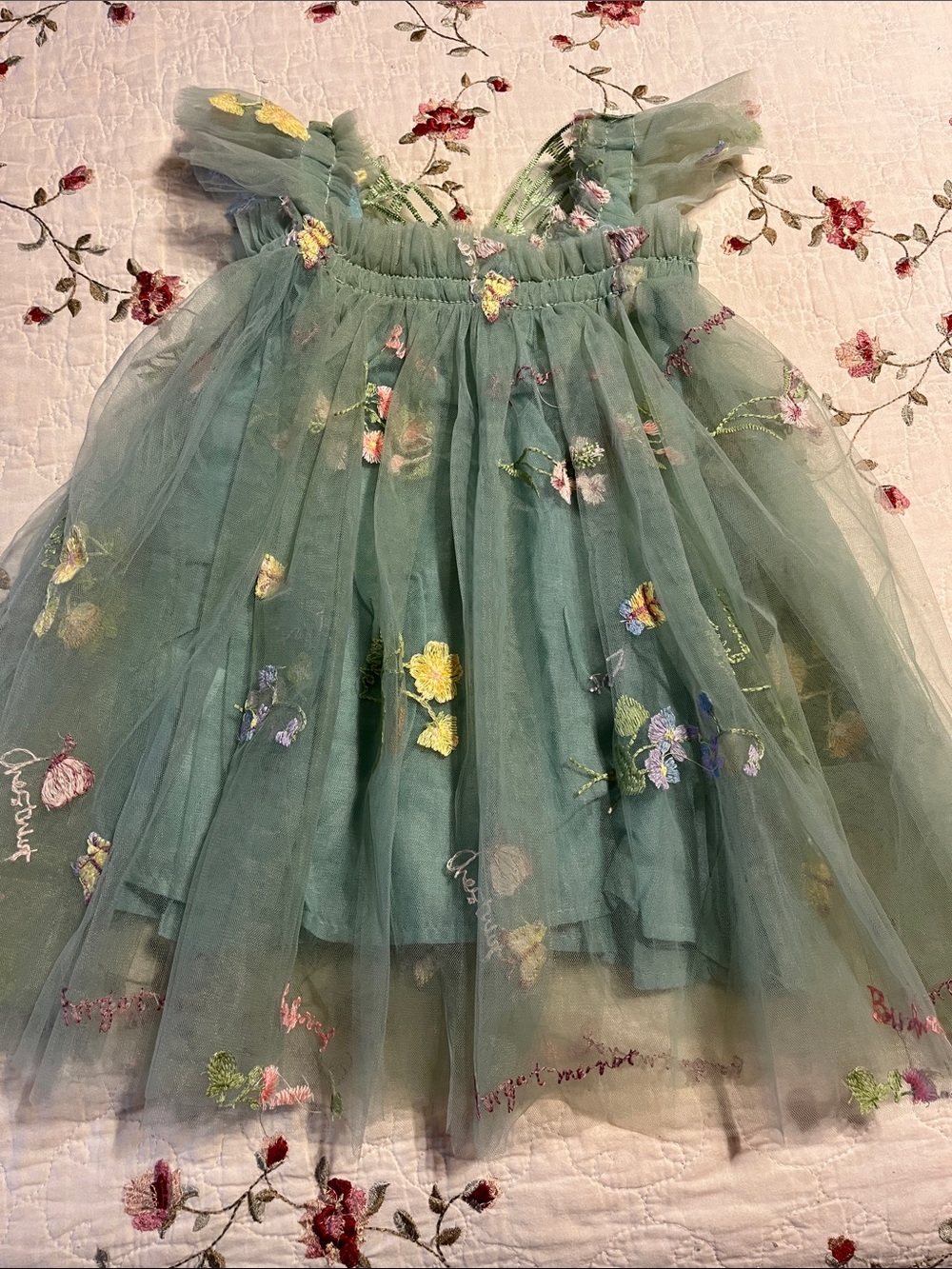 Girls Embroidered Tulle Dress - Green Floral